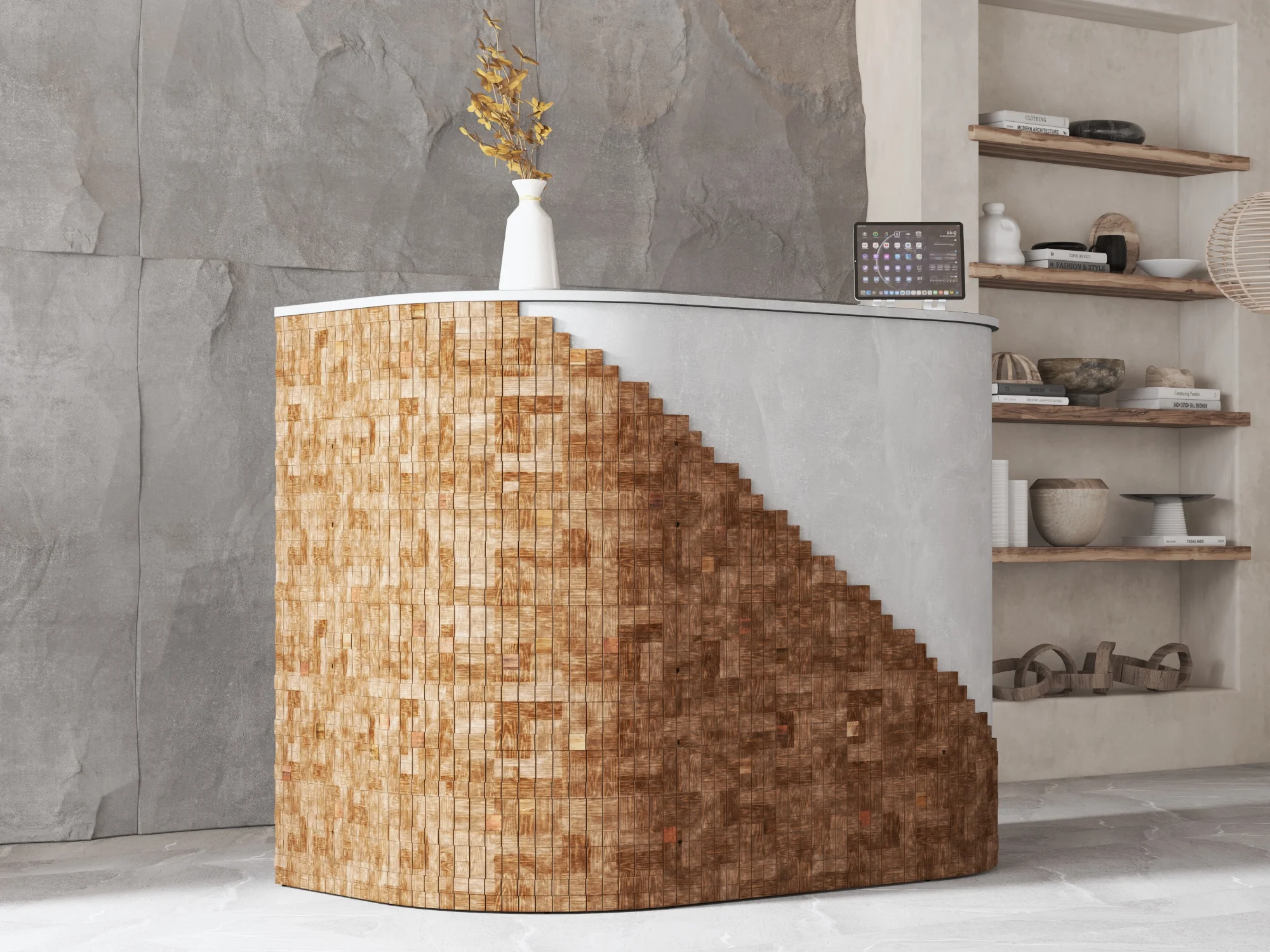 Lada recepcyjna z drewnem